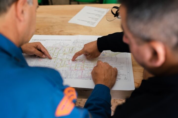 Sessione di consulenza tecnica: due tecnici esaminano planimetrie su un tavolo da lavoro